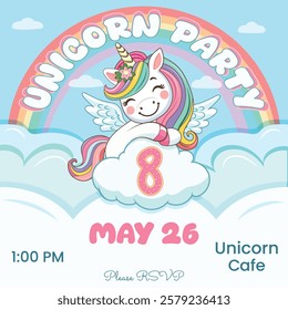 Birthday party invitation with cute unicorn and number 8. Vector illustration in flat cartoon style