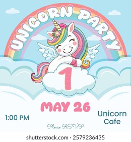 Birthday party invitation with cute unicorn and number 1. Vector illustration in flat cartoon style