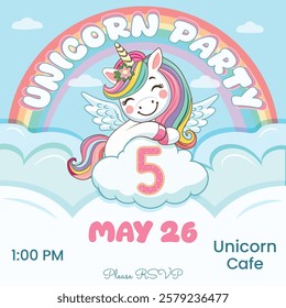 Birthday party invitation with cute unicorn and number 5. Vector illustration in flat cartoon style