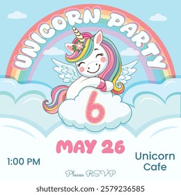 Birthday party invitation with cute unicorn and number 6. Vector illustration in flat cartoon style