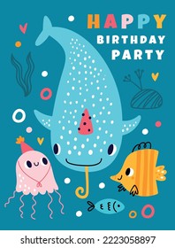 Birthday party invitation design. Cute baby shark. Vector illustration