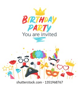 Birthday party invitation design template with photo prop and party decorations. Vector illustration.