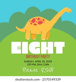 Birthday party invitation with dino. Eight years greeting card template. Vector illustration.