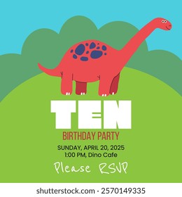 Birthday party invitation with dino. Ten year greeting card template. Vector illustration.