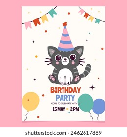 Birthday party invitation with doodle cat