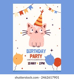 Birthday party invitation with doodle cat character