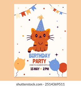 Birthday party invitation with doodle rude cat character