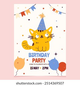 Birthday party invitation with doodle yellow cute cat character