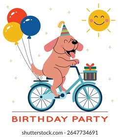 Convite de festa de aniversário com um cachorro alegre andando de bicicleta com balões coloridos e um presente, tudo sob os raios de um sol sorridente. Cena divertida, divertida e festiva