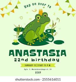 Birthday Party Invitation Featuring a Frog Princess Wearing a Crown on a Lily Pad