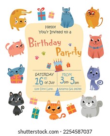 Birthday party invitation with
frame of funny and cute cartoon cats. Vector illustration