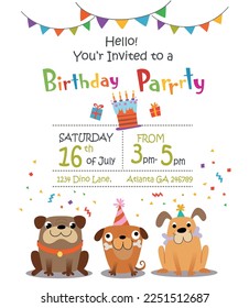 Birthday party invitation  with funny cartoon dogs. Vector illustration