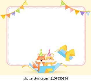 A birthday party invitation to Garland, where a fox and a mouse are wearing a cone hat illustration set. memo, confetti, animal icon, firecracker, gift box. Vector drawing. Hand drawn style.