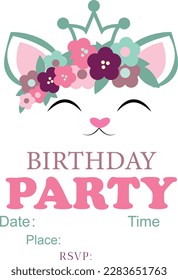 Birthday Party invitation for girl, with cute cat and flowers, white background, template, text