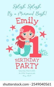 A birthday party invitation for a girl named Emily. The invitation features a mermaid and a starfish