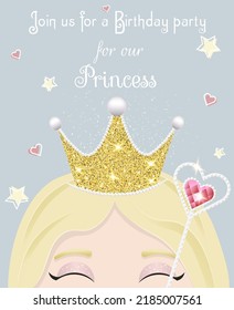 Birthday party invitation. Girl princess in a shining crown and with a wand. Holiday card. Postcard with princess. Vector illustration.