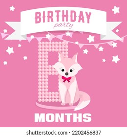 Birthday Party Invitation For The Girl's Eighth Month Birthday With Little Fox, Stars And Flags. Children's 8 Month Party. Pink Color Pallete. Flat Illustration. Square Format.	