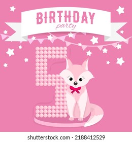 Birthday party invitation for the girl's fifth birthday with little fox, stars and flags. Children's 5 years party. Pink color pallete. Flat illustration. Square format. 