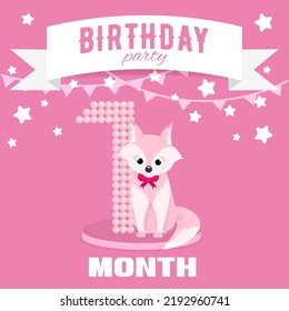 Birthday party invitation for the girl's first month birthday with little fox, stars and flags. Children's 1 month party. Pink color pallete. Flat illustration. Square format. 