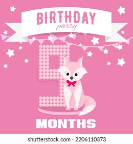 Birthday Party Invitation For The Girl's Ninth Month Birthday With Little Fox, Stars And Flags. Children's 9 Month Party. Pink Color Pallete. Flat Illustration. Square Format. 