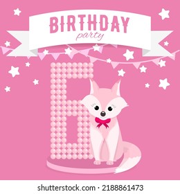 Birthday party invitation for the girl's sixth birthday with little fox, stars and flags. Children's 6 years party. Pink color pallete. Flat illustration. Square format. 