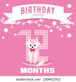 Birthday Party Invitation For The Girl's Twelfth Month Birthday With Little Fox, Stars And Flags. Children's 12 Month Party. Pink Color Pallete. Flat Illustration. Square Format. 