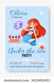 Birthday party invitation greeting card with cute mermaid and ocean creatures. Under the sea party for kids. Childish Vector template in flat cartoon style. isolated elements. 