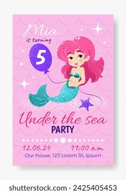 Birthday party invitation greeting card with cute mermaid and balloon. Under the sea party for kids. Childish Vector template in flat cartoon style. isolated elements. 