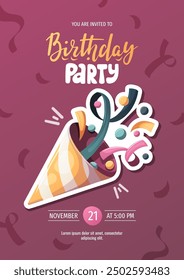 Birthday party invitation with party hat with confetti. Birthday party, celebration, congratulations, invitation concept. Vector illustration. Postcard, card, cover.