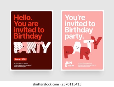 Birthday party invitation layout template. Design with colorful cartoon characters and eye catching typography for your flyer, poster, cover, brochure or banner.