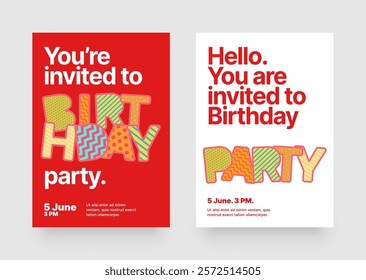 Birthday party invitation layout template. Design with colorful eye catching typography for your flyer, poster, cover, banner or brochure.