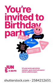 Birthday party invitation layout template. Design with colorful eye catching typography for your flyer, poster, cover, banner or brochure.