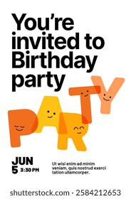 Birthday party invitation layout template. Design with colorful cartoon characters and eye catching typography for your flyer, poster, cover, brochure or banner.