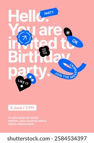 Birthday party invitation layout template. Design with colorful eye catching typography for your flyer, poster, cover, banner or brochure.