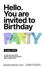 Birthday party invitation layout template. Design with colorful cartoon characters and eye catching typography for your flyer, poster, cover, brochure or banner.