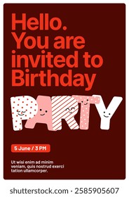 Birthday party invitation layout template. Design with colorful cartoon characters and eye catching typography for your flyer, poster, cover, brochure or banner.