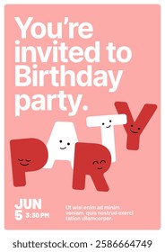 Birthday party invitation layout template. Design with colorful cartoon characters and eye catching typography for your flyer, poster, cover, brochure or banner.