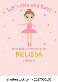 Birthday party invitation.  Little girl ballerina in pink tutu dress on pink background. Cute cartoon character. Vector illustration