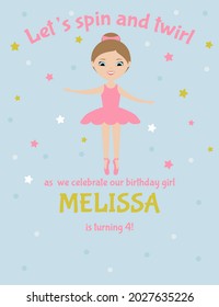 Birthday party invitation. Little girl ballerina in pink tutu dress on blue background. Cute cartoon character. Vector illustration
