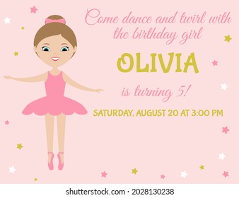 Birthday party invitation. Little girl ballerina in pink tutu dress on pink background. Cute cartoon character. Vector illustration