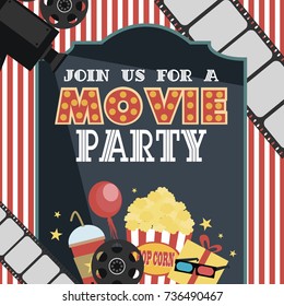 Birthday Party Invitation For Movie Party, Hollywood Party. Cinema Poster. Vector Illustration