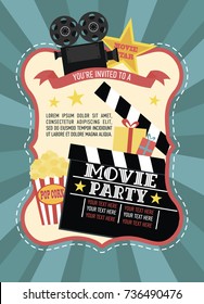 Birthday Party Invitation For Movie Party, Hollywood Party. Cinema Poster. Vector Illustration