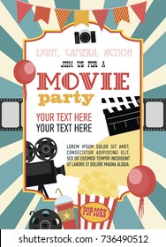 Birthday Party Invitation For Movie Party, Hollywood Party. Cinema Poster. Vector Illustration