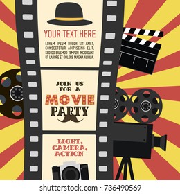 Birthday party invitation for Movie party, Hollywood party. Cinema poster. Vector illustration