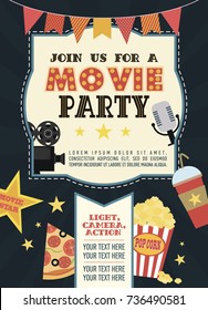 Birthday party invitation for Movie party, Hollywood party. Cinema poster. Vector illustration