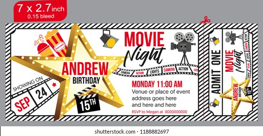 Birthday Party Invitation For Movie Party, Invitation Ticket, Movie Ticket. Vector Illustration