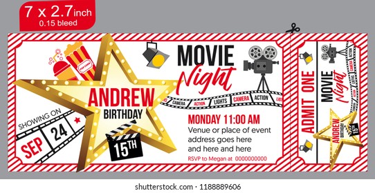 Birthday party invitation for Movie party, invitation ticket, movie ticket. Vector illustration. red