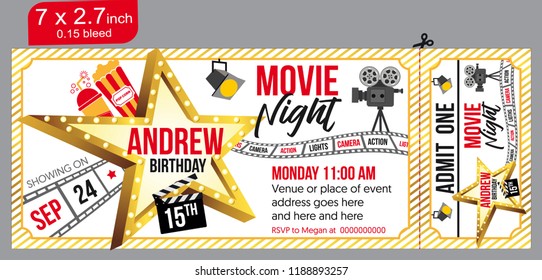 Birthday party invitation for Movie party, invitation ticket, movie ticket. Vector illustration. yellow