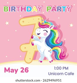 Birthday party invitation with number 7. Template with cute and happy unicorn with multi-colored hair and star. Poster, Banner, Flyer. Vector illustration in flat cartoon style