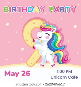 Birthday party invitation with number 9. Template with cute and happy unicorn with multi-colored hair and star. Poster, Banner, Flyer. Vector illustration in flat cartoon style